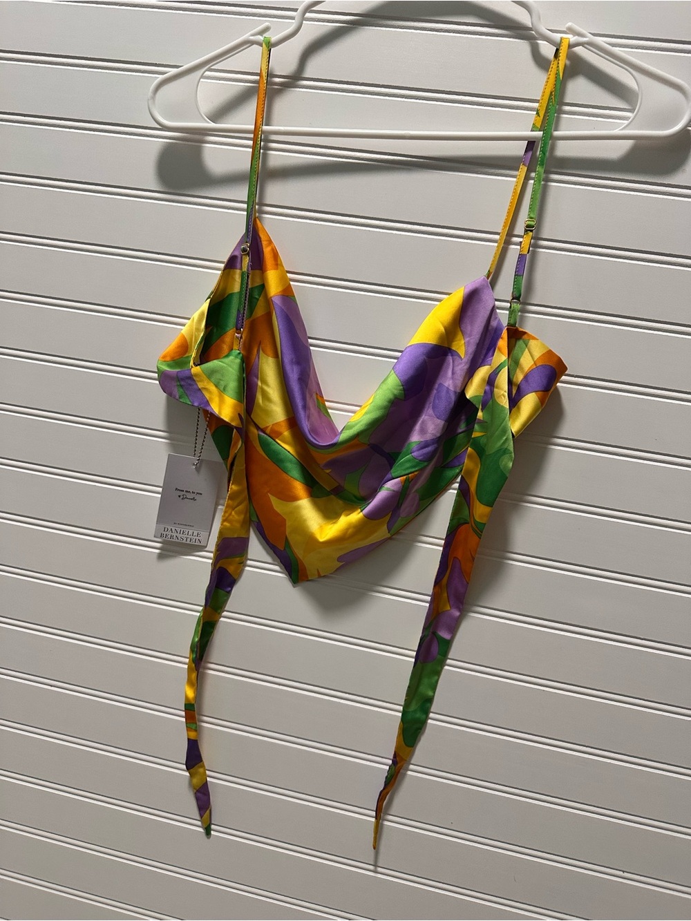 WeWoreWhat Satin Cowl Crop Top in Purple, Green & Gold Trim
